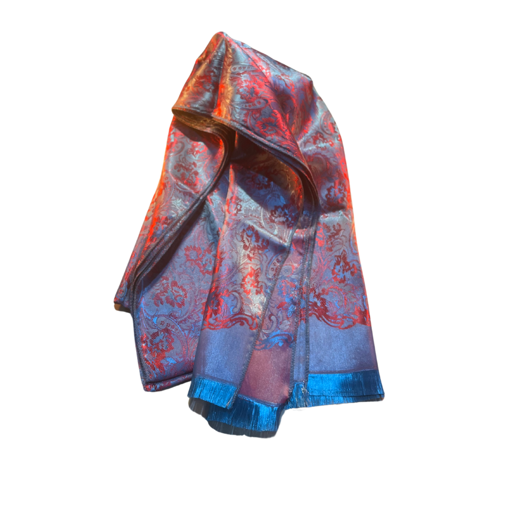 Chrome Maroon & Blue Thai silk scarf, handwoven, lightweight, eco-friendly, classic luxury accessory.