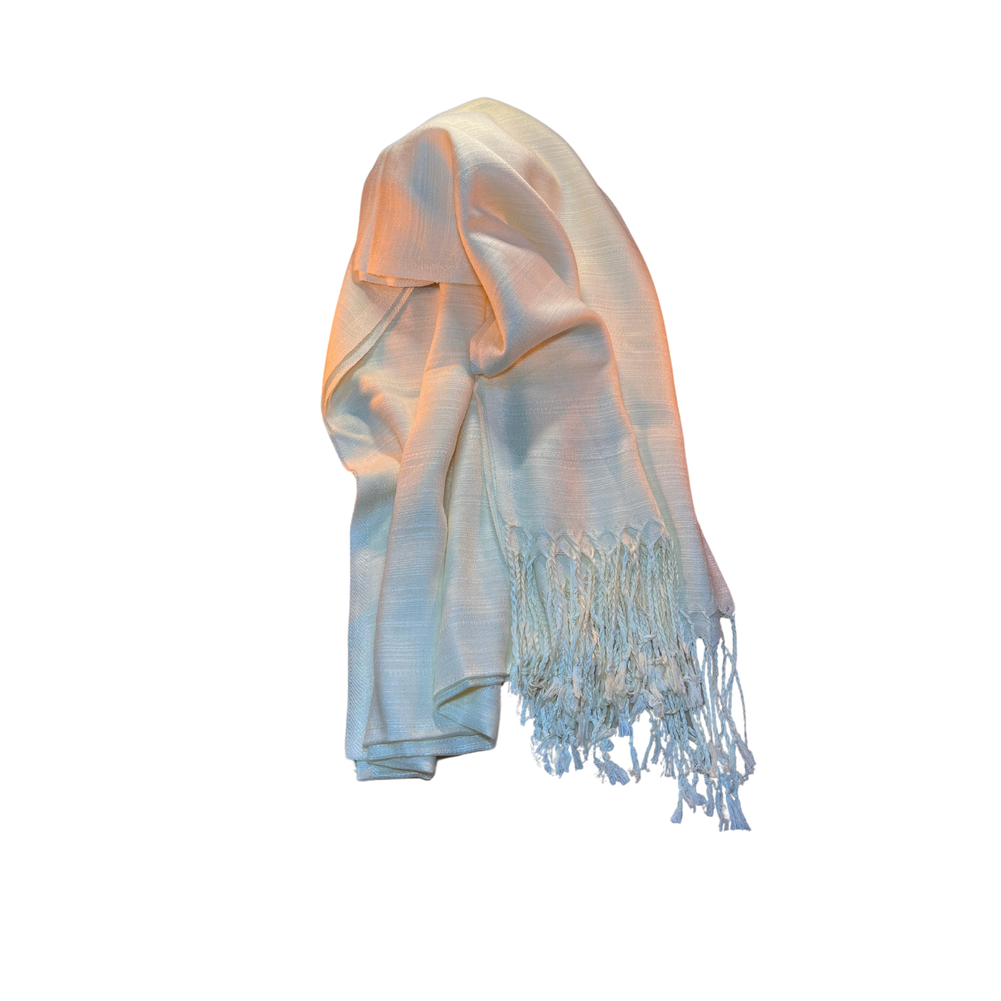 Elegant Solid White Thai silk scarf with fringes, showcasing timeless beauty and refined simplicity.