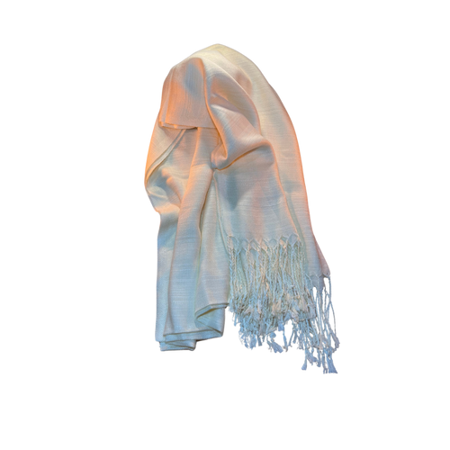 Elegant Solid White Thai silk scarf with fringes, showcasing timeless beauty and refined simplicity.