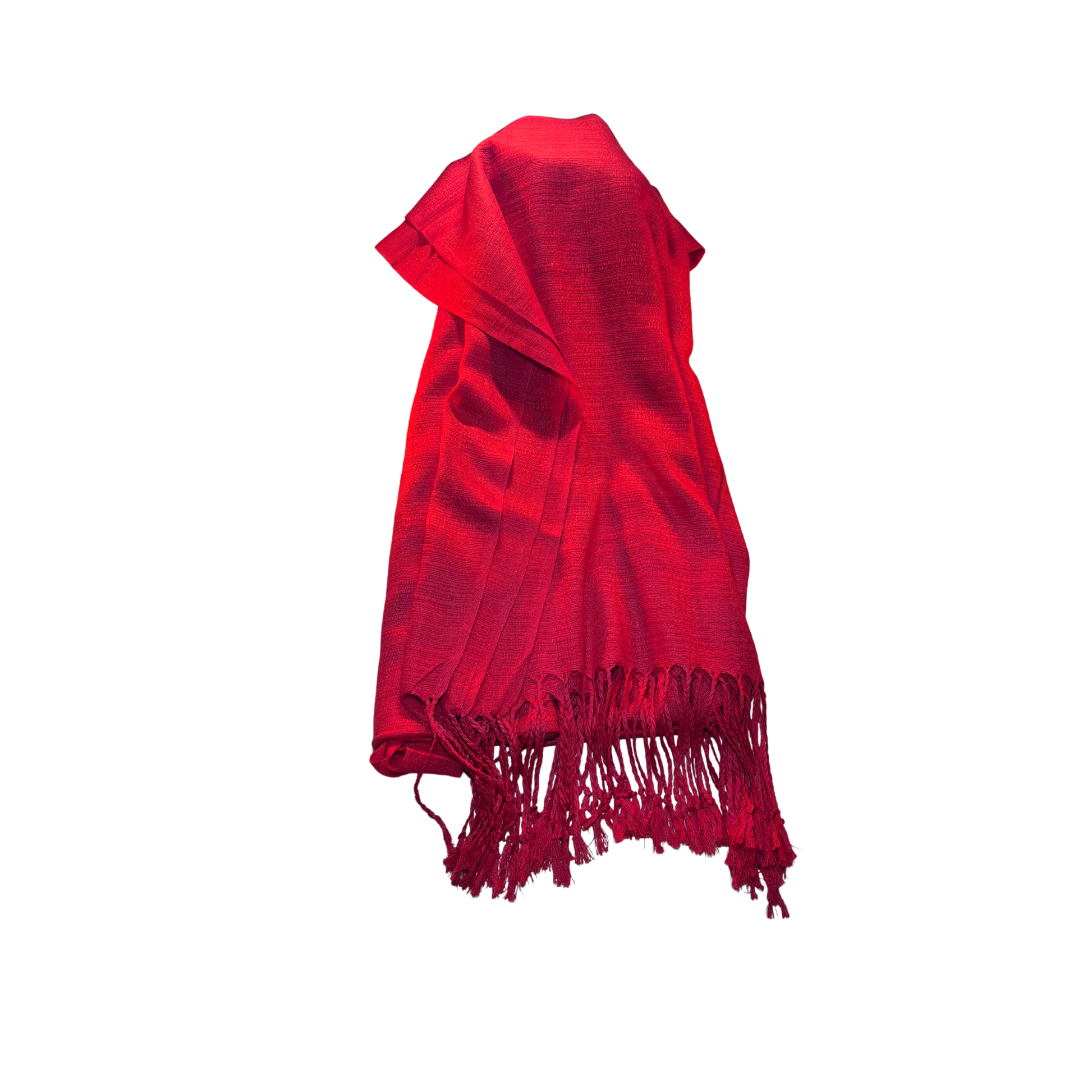 Solid red silk scarf handcrafted from authentic Thai silk, featuring fringed edges and a vibrant, elegant design.