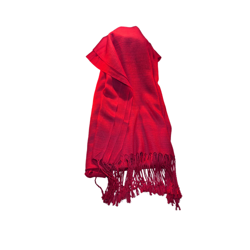 Solid red silk scarf handcrafted from authentic Thai silk, featuring fringed edges and a vibrant, elegant design.